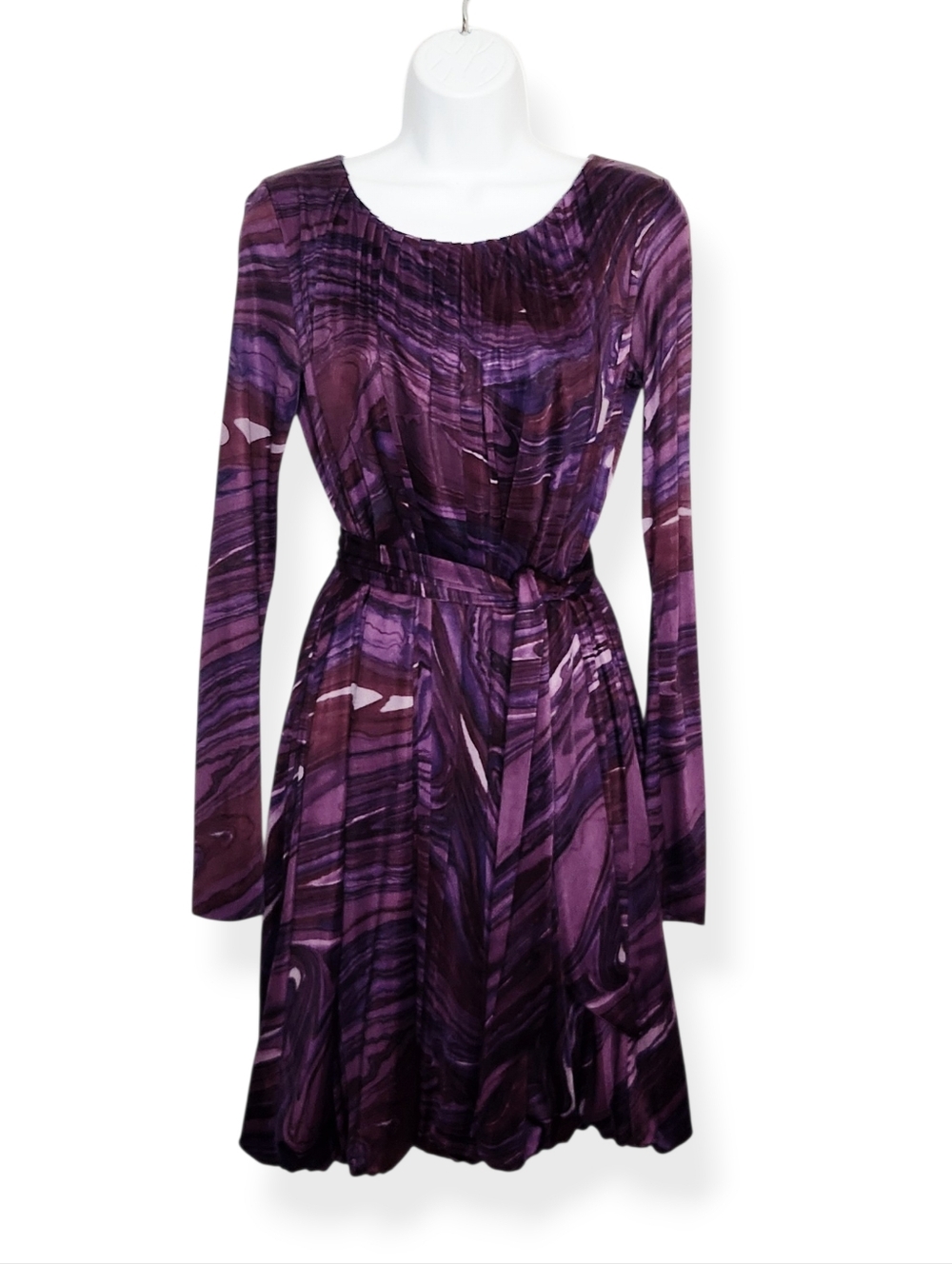 Etro Purple Marble Long Sleeve Bubble Hem with Tie Waist Dress Women's Size 42